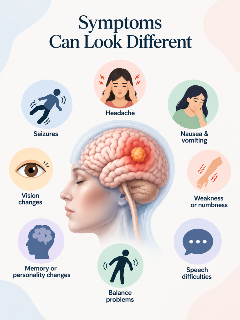 Infographic of common Brain Tumor symptoms : headaches, seizures, vision changes, weakness and speech problems