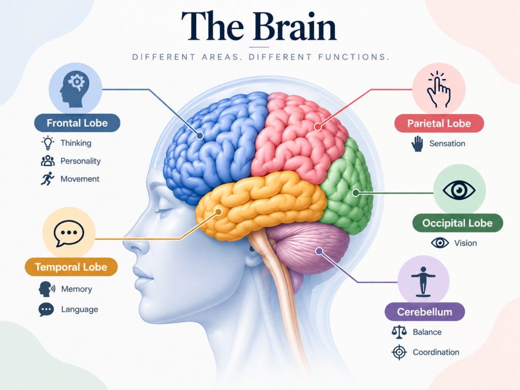 Brain lobes diagram showing which areas control movement, speech, vision and memory.