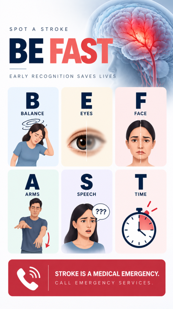 BE FAST infographic showing the signs of stroke: balance, eyes, face, arms, speech and time