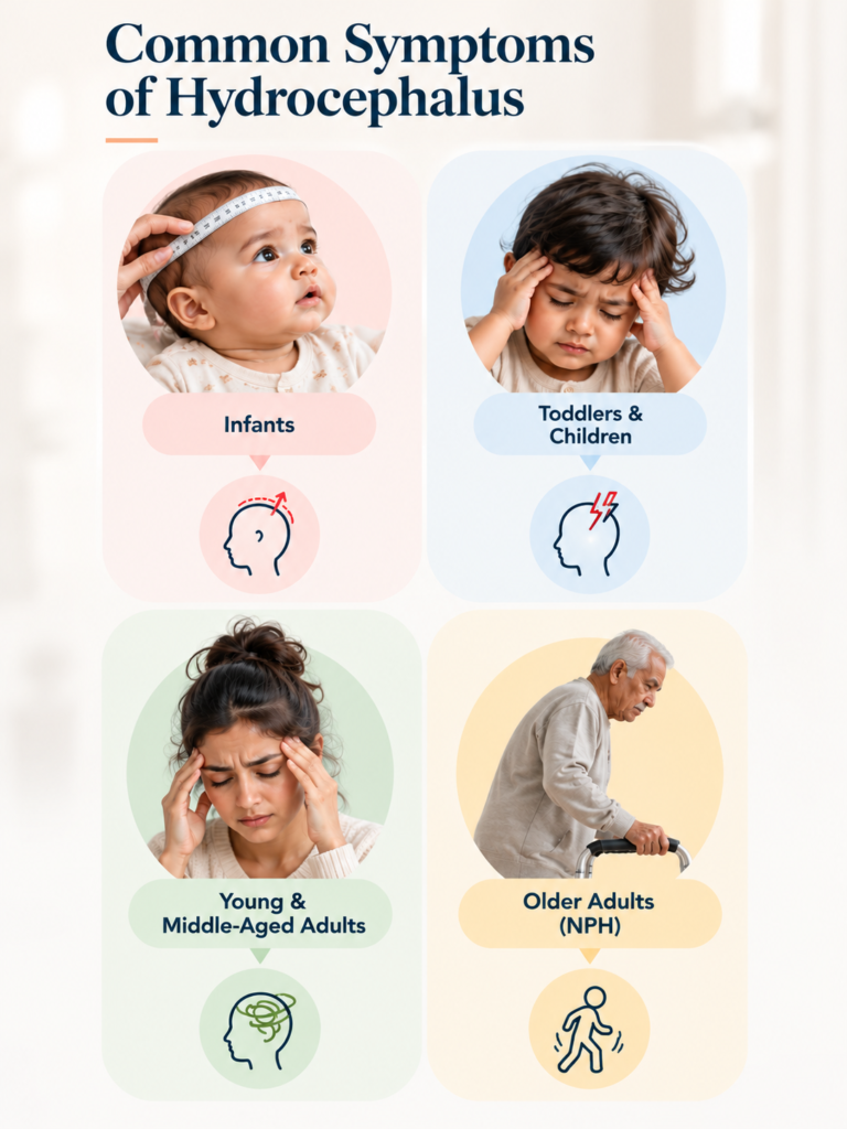 Common hydrocephalus symptoms by age: infants, toddlers and children, young and middle-aged adults, and older adults with NPH