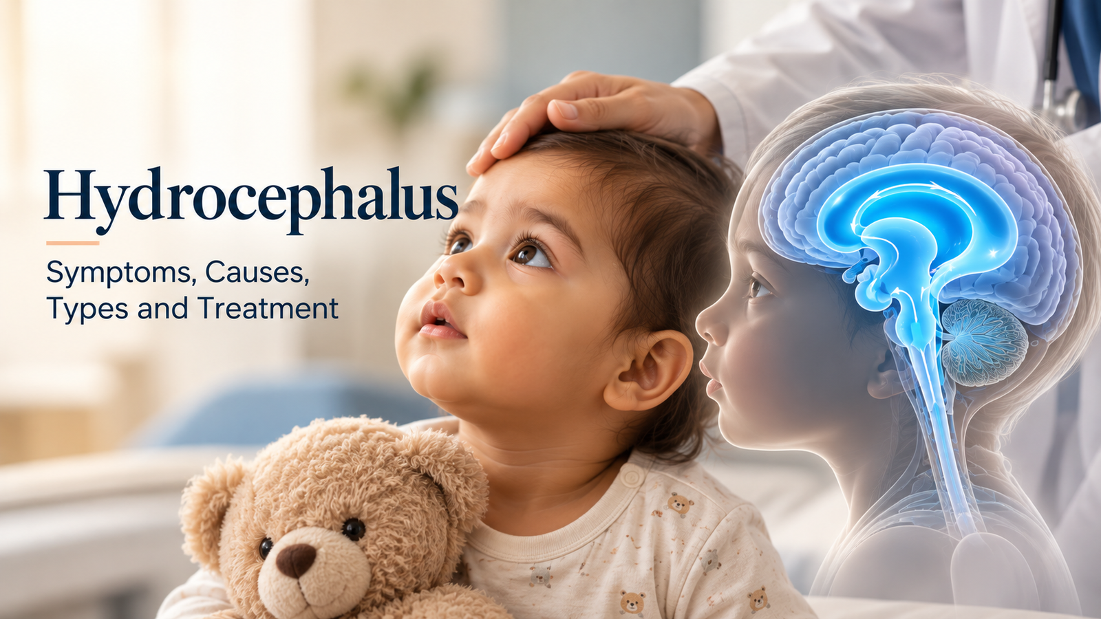 Hydrocephalus symptoms, causes, types and treatment: doctor examining a baby’s head beside a brain diagram showing cerebrospinal fluid