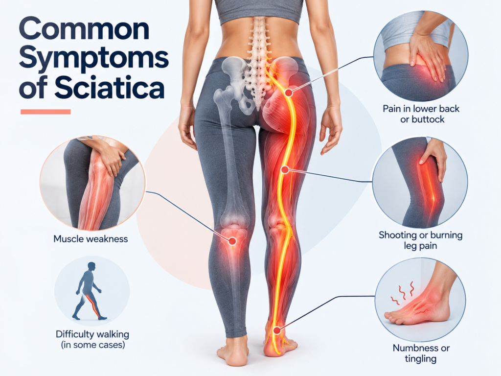 Infographic of common sciatica symptoms: leg pain, numbness, tingling and weakness