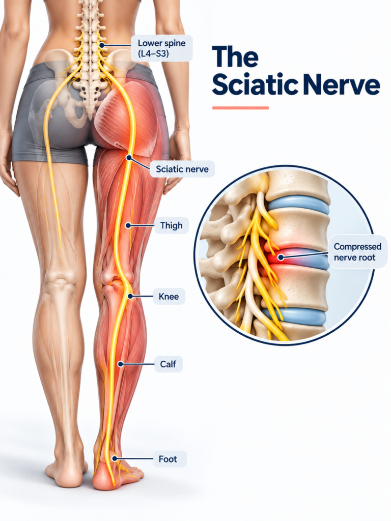 Diagram of the sciatic nerve running from the lower spine through the buttock and down the leg