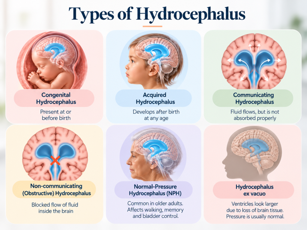 Infographic of the types of hydrocephalus: congenital, acquired, communicating, non-communicating, normal-pressure and ex vacuo