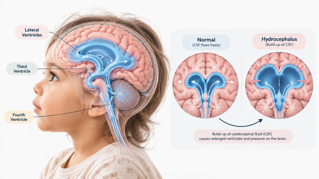 Brain ventricles and cerebrospinal fluid flow, comparing a normal brain with enlarged ventricles in hydrocephalus