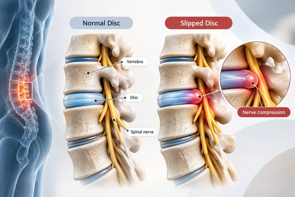 Normal spinal disc compared with a herniated slip disc pressing on a nerve