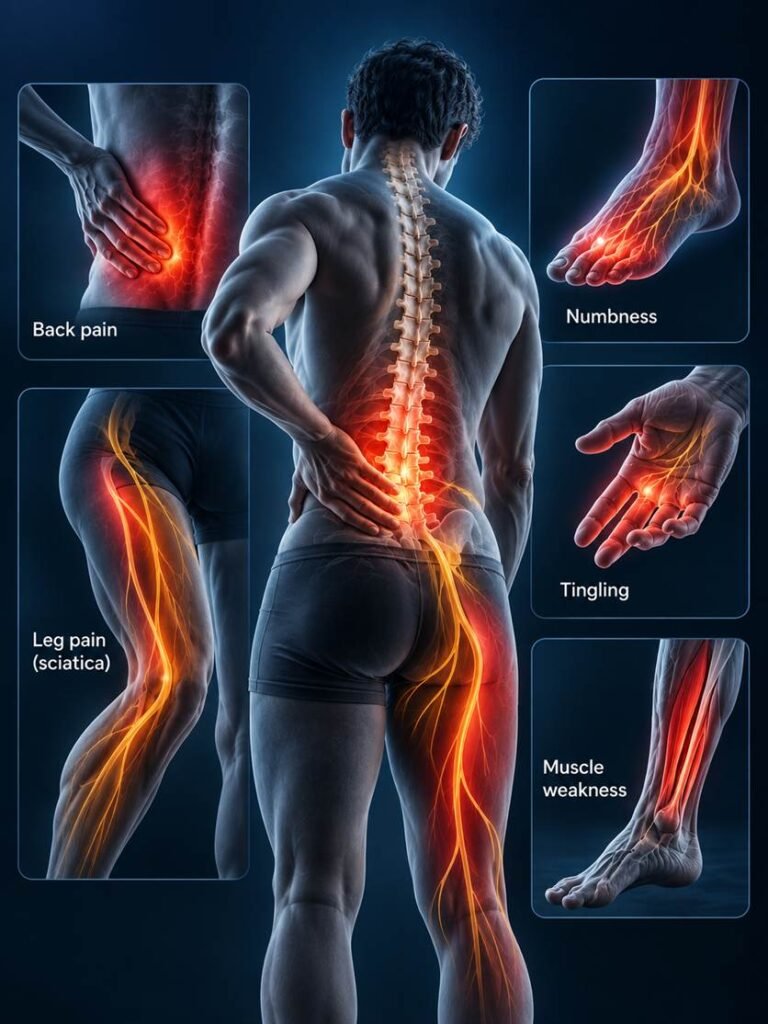 Infographic of slip disc symptoms: back pain, numbness, tingling, weakness and sciatica